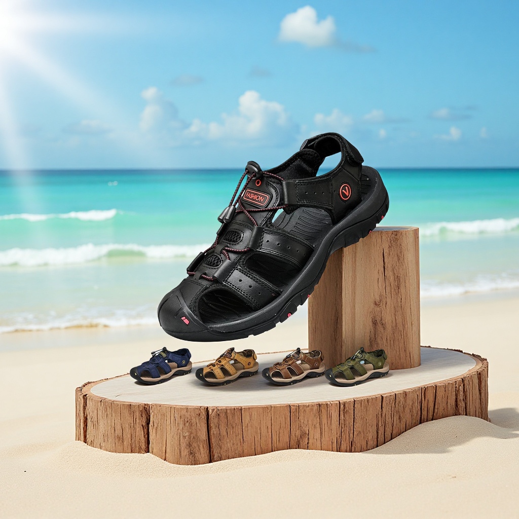 Summer plus-size men's outdoor sports leather sandals with toe caps, casual anti-slip rubber-soled canyoning beach shoes, and sports camp shoes Item Picture