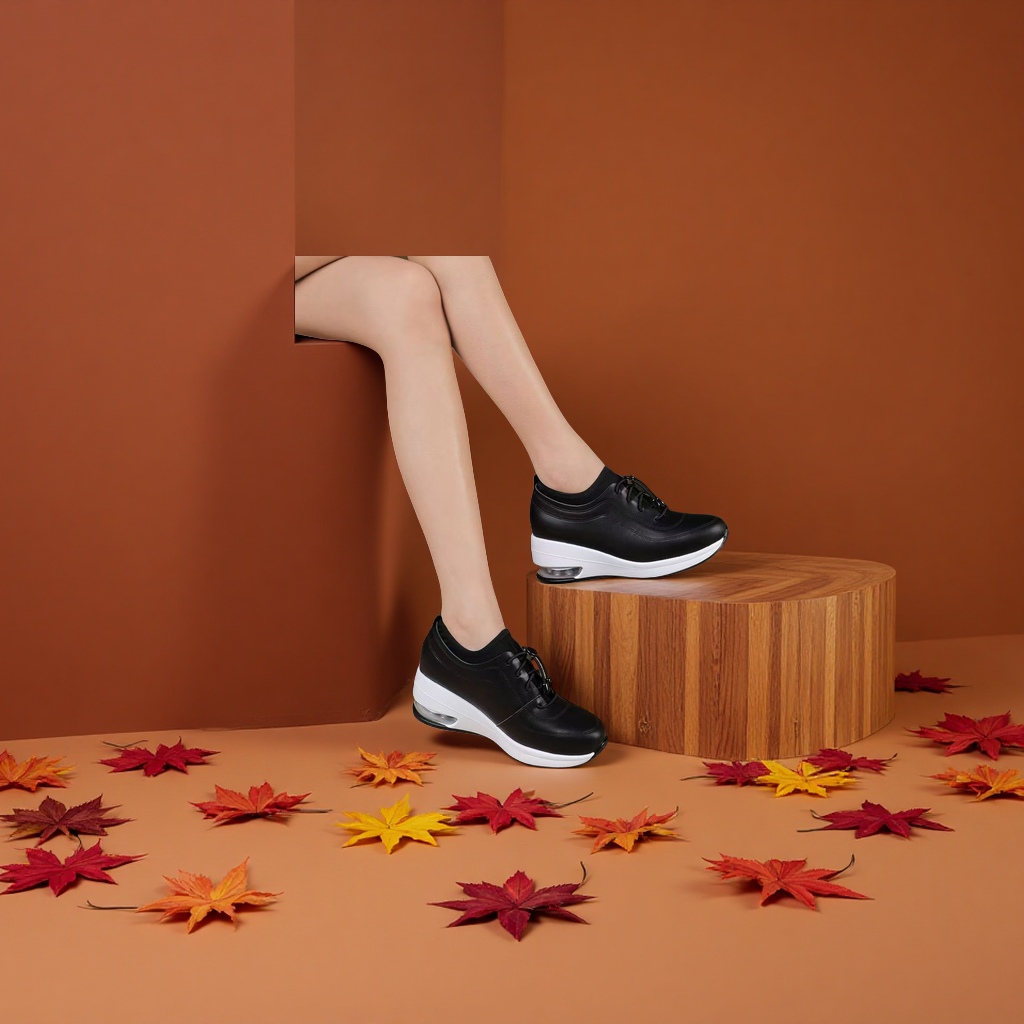 一脚蹬气垫厚底深口鞋2025秋季新款黑色妈妈坡跟休闲运动女鞋女式皮靴