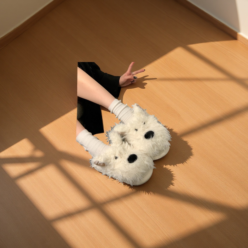 潦草小狗毛毛拖鞋女2025秋冬厚底增高保暖家居外穿包头棉拖鞋