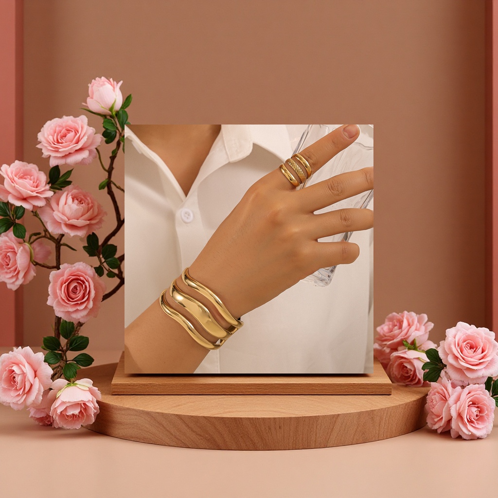 Fashionable and simple wavy design bracelet ring set, elegant and personalized, versatile accessories, couple's style, trendy matching, elegant style details Picture