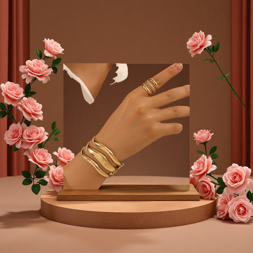 Fashionable and simple wavy design bracelet ring set, elegant and personalized, versatile accessories, couple's style, trendy matching, elegant style