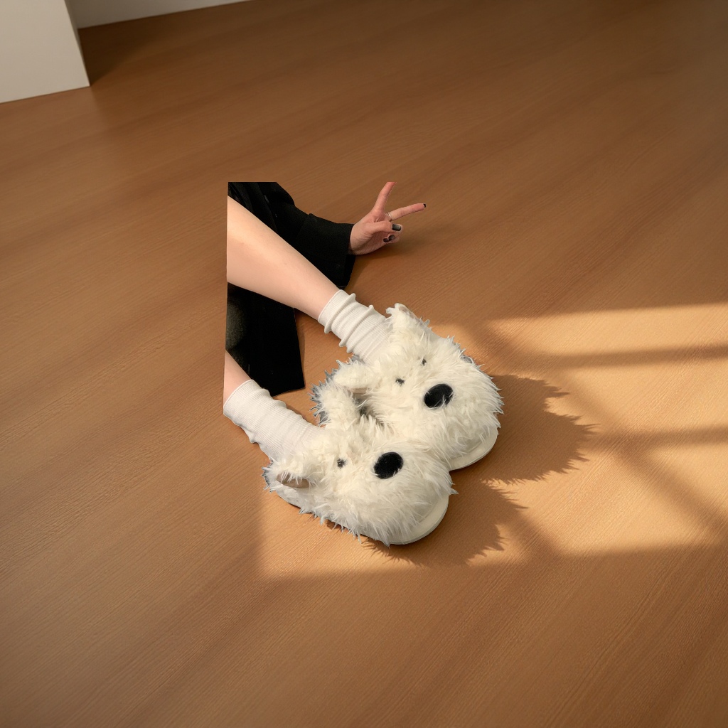 百搭潦草小狗毛毛拖鞋女秋冬厚底增高保暖包头家居鞋暖和舒适