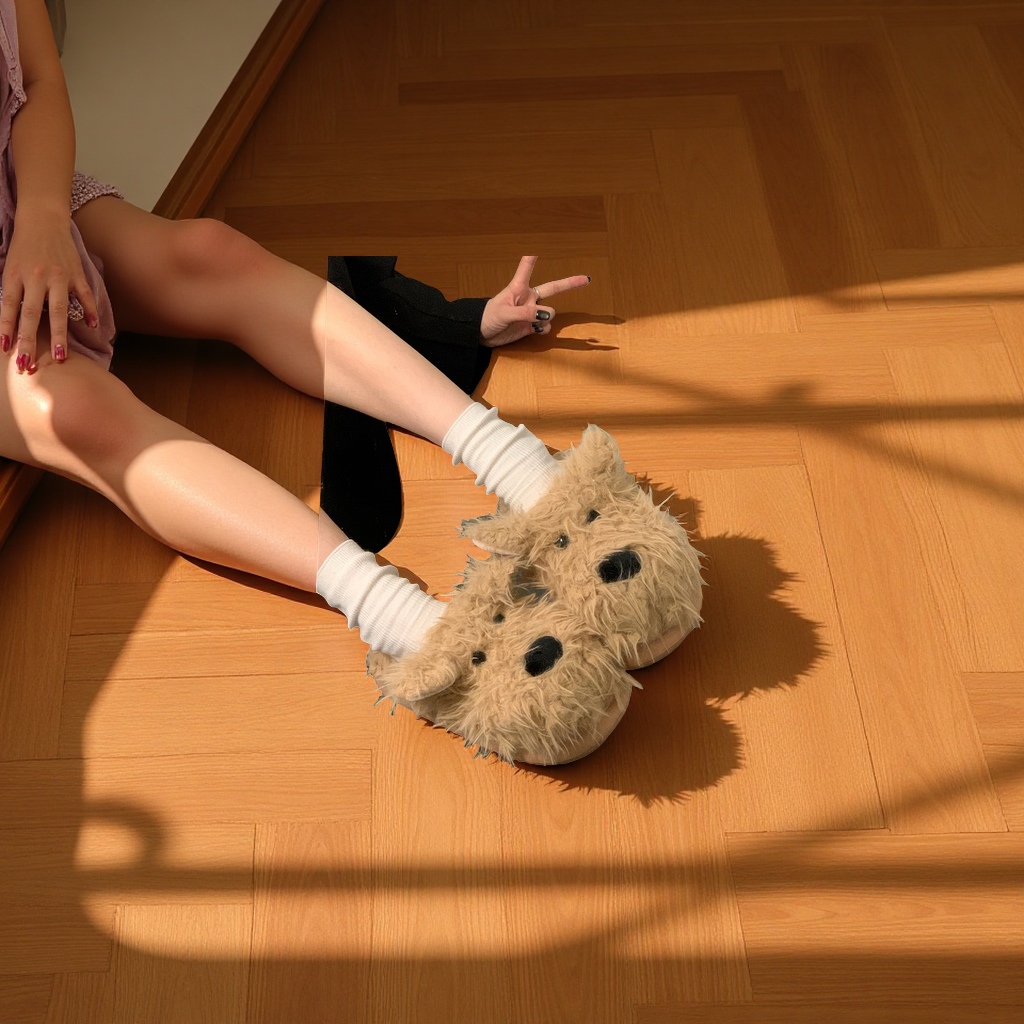 Versatile, casual, furry little dog slippers for women, thick-soled, height-increasing, warm, headpiece home shoes for autumn and winter, warm and comfortable details Picture