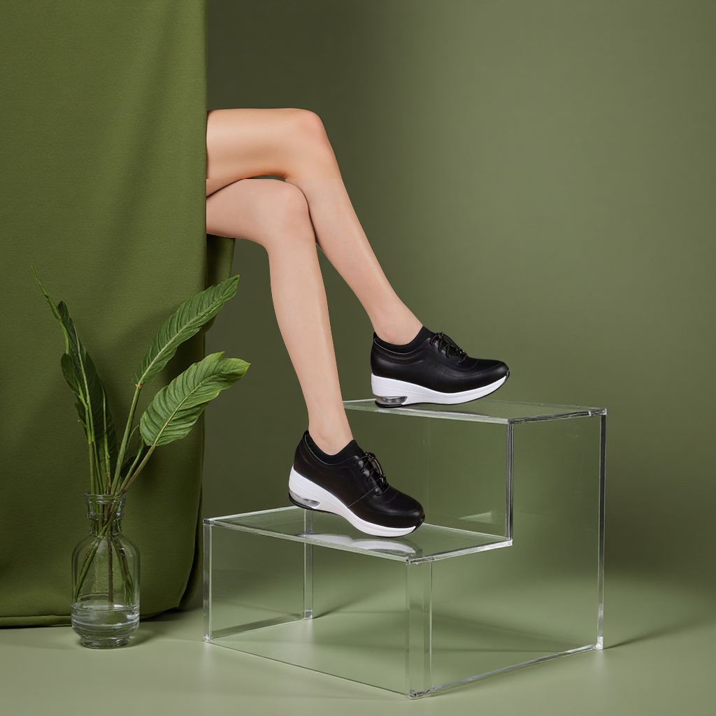A pair of air-cushioned thick-soled deep-toe shoes, a new black mom wedge heel casual sports women's shoe and women's sandal for the autumn of 2025 full figure