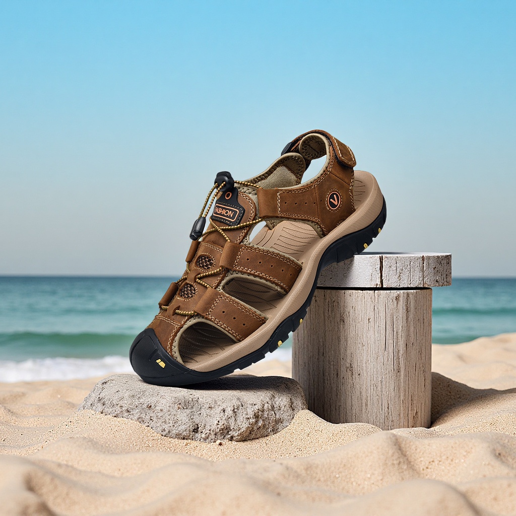 夏季大码男士户外运动包头真皮凉鞋休闲防滑橡胶底溯溪沙滩鞋运动营地鞋