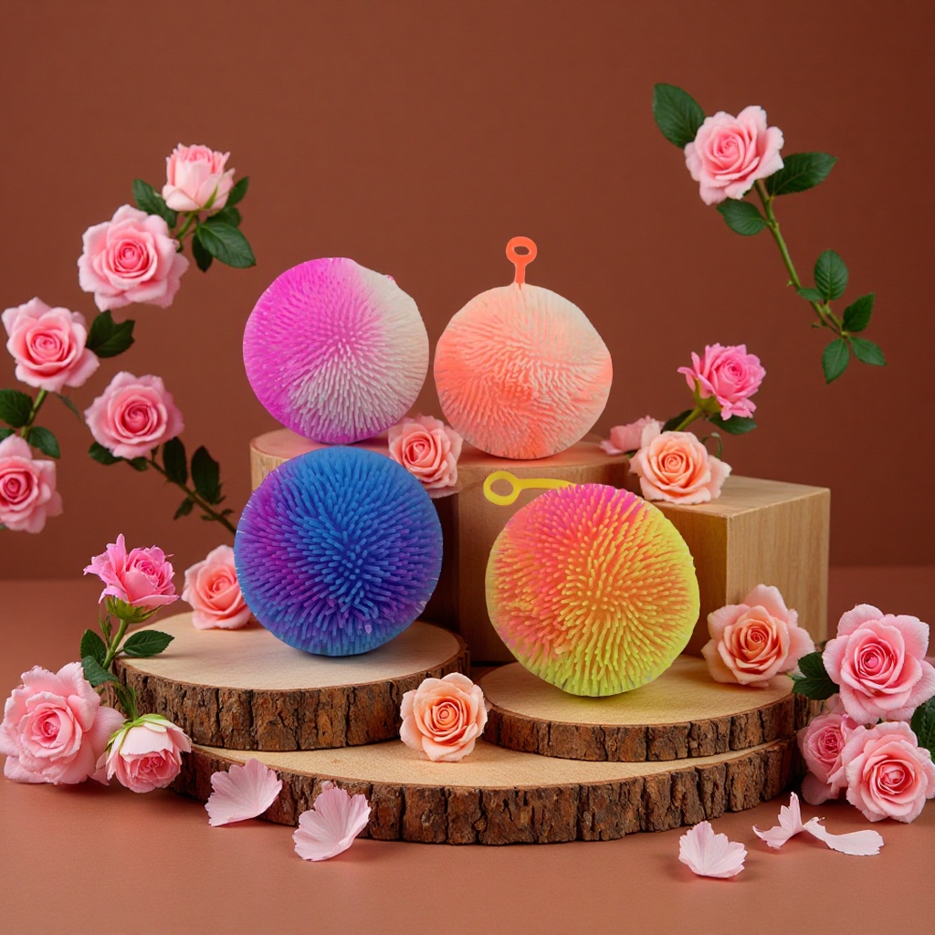Factory direct sales of two-color short and dense hairball glowing children's stress-relieving toys, release flash balls, fun hand-controlled relaxation toys details Picture