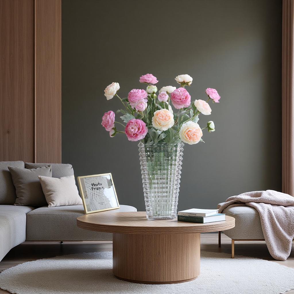 北欧ins风家居橱窗装饰假花摆件仿真花三头千姿植绒露莲玻璃包装客厅陈设