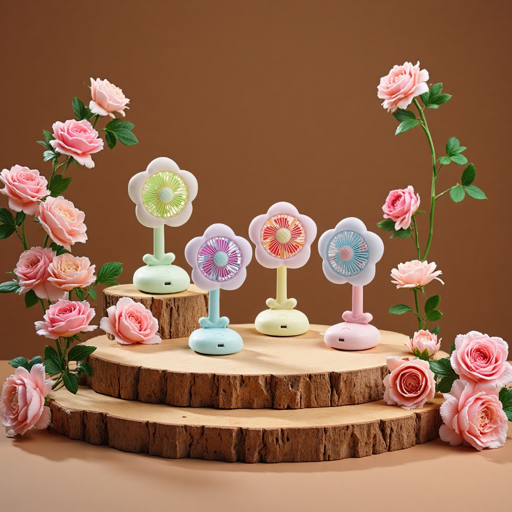 新款花朵台式风扇礼品小清新USB充电迷你桌面带灯光风扇