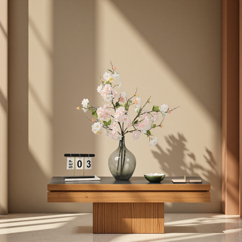 跨境热销仿真单枝樱花桃花装饰花艺摆件玄关卧室人造花盆容器宠物园艺