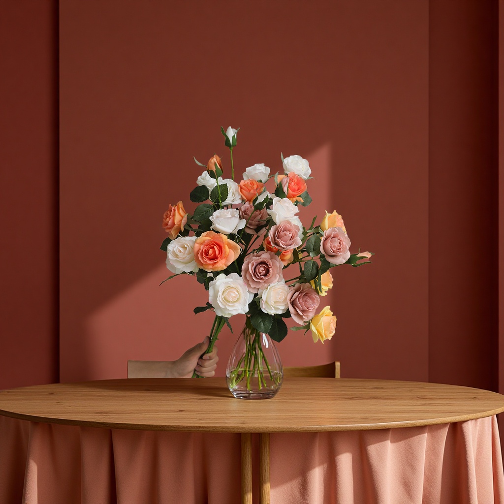 高品质仿真单枝六头湿感玫瑰家居餐桌插花办公文化园艺装饰礼盒