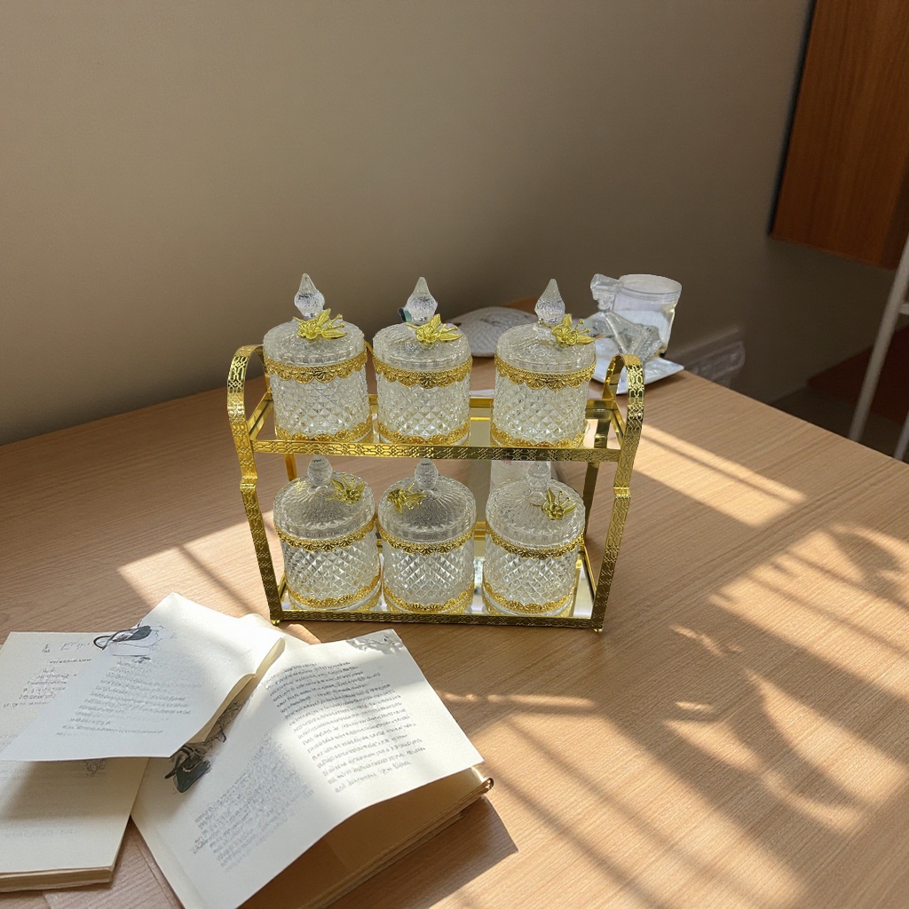 双层糖缸6件套 创意玻璃糖罐储存容器厨房用品简约实用