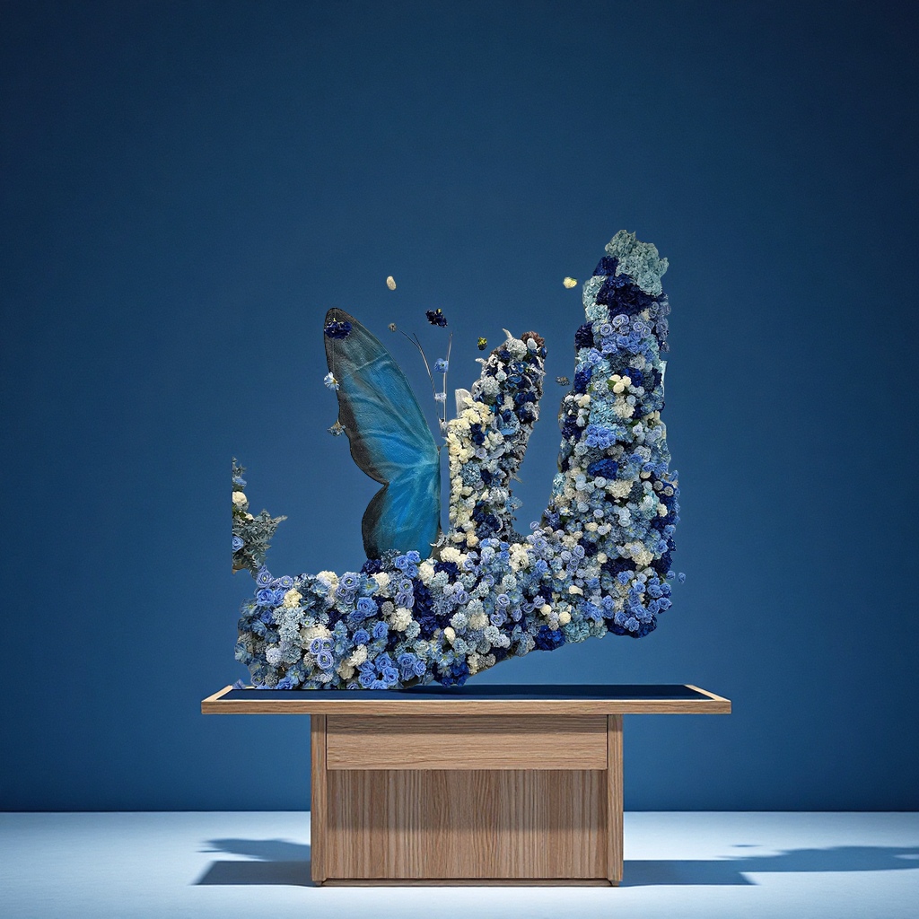 蓝色系仿真花束假花插花艺装饰婚礼客厅布置工艺品仿真昆虫礼品