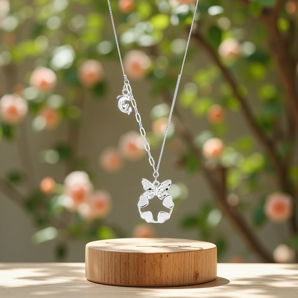 Butterfly heart, broken ice, pure silver necklace, female dolphin, forest style, fresh and pure silver collarbone chain, Qixi birthday gift, accessories, clothing, long style