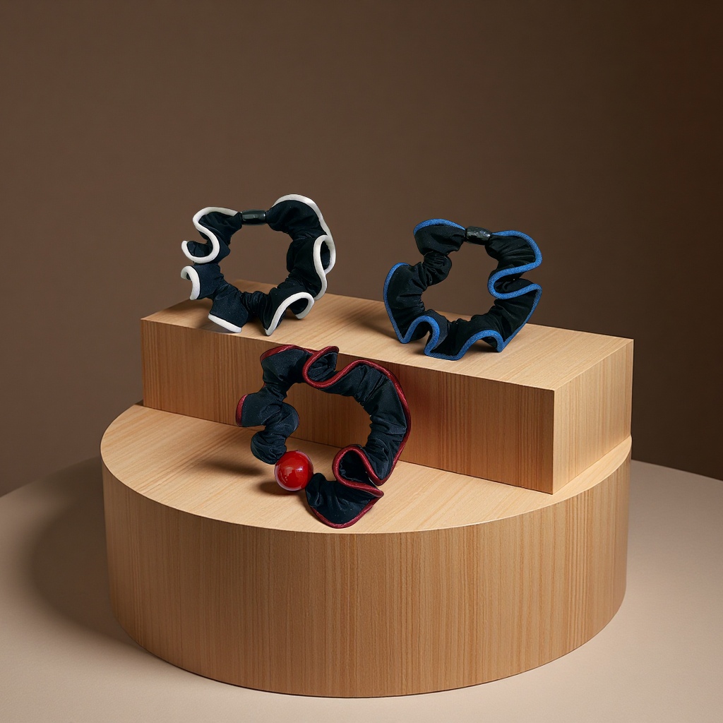 Korean-style color-blocked black fungus fringe small intestine ring hair band lace hair tie ponytail pearl hair tie leather band hair accessory