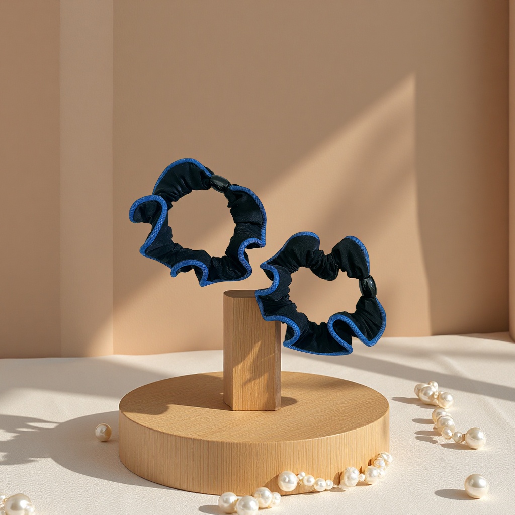 Korean-style color-blocked black fungus fringe small intestine ring hair band lace hair tie ponytail pearl hair tie leather band hair accessory Specification image