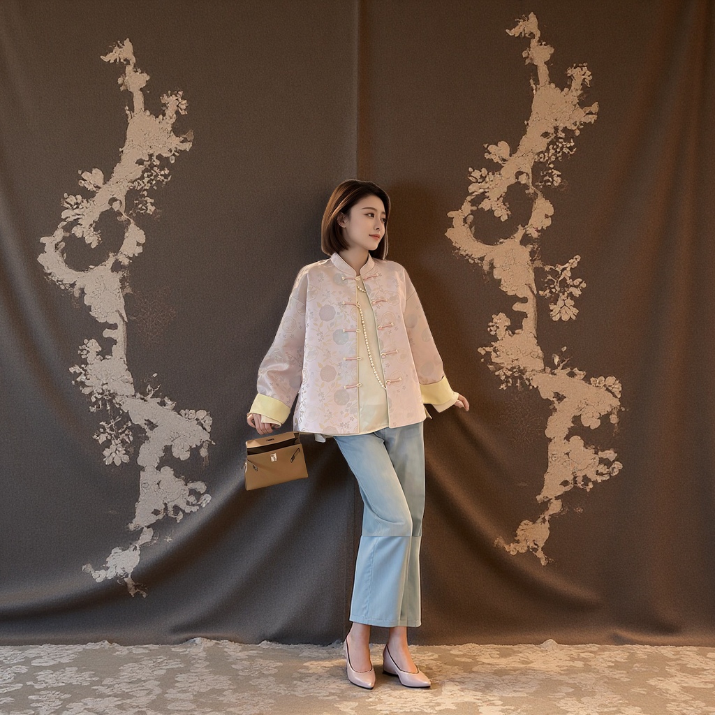 宋锦双面穿秋冬款女装重磅提花立领中式国风百搭毛呢外套宋韵盘扣女士古代服装