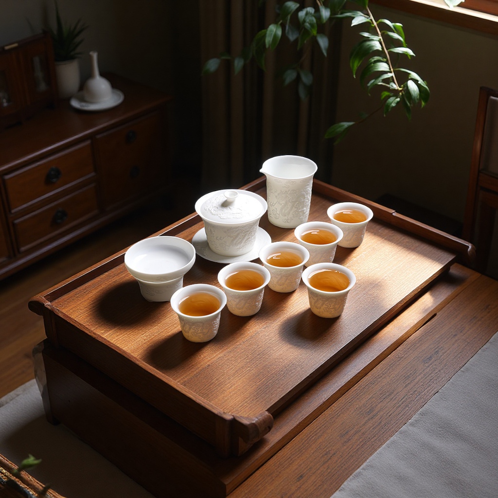 A simple gift box of six cups of relief unglazed mutton fat jade porcelain Gongfu tea sets for office and household use details Picture