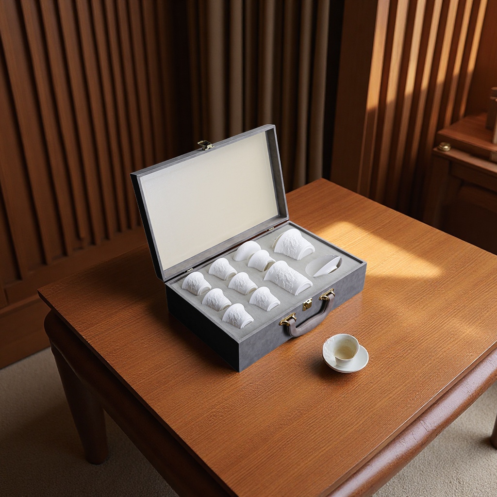 A simple gift box of six cups of relief unglazed mutton fat jade porcelain Gongfu tea sets for office and household use Application Scenario