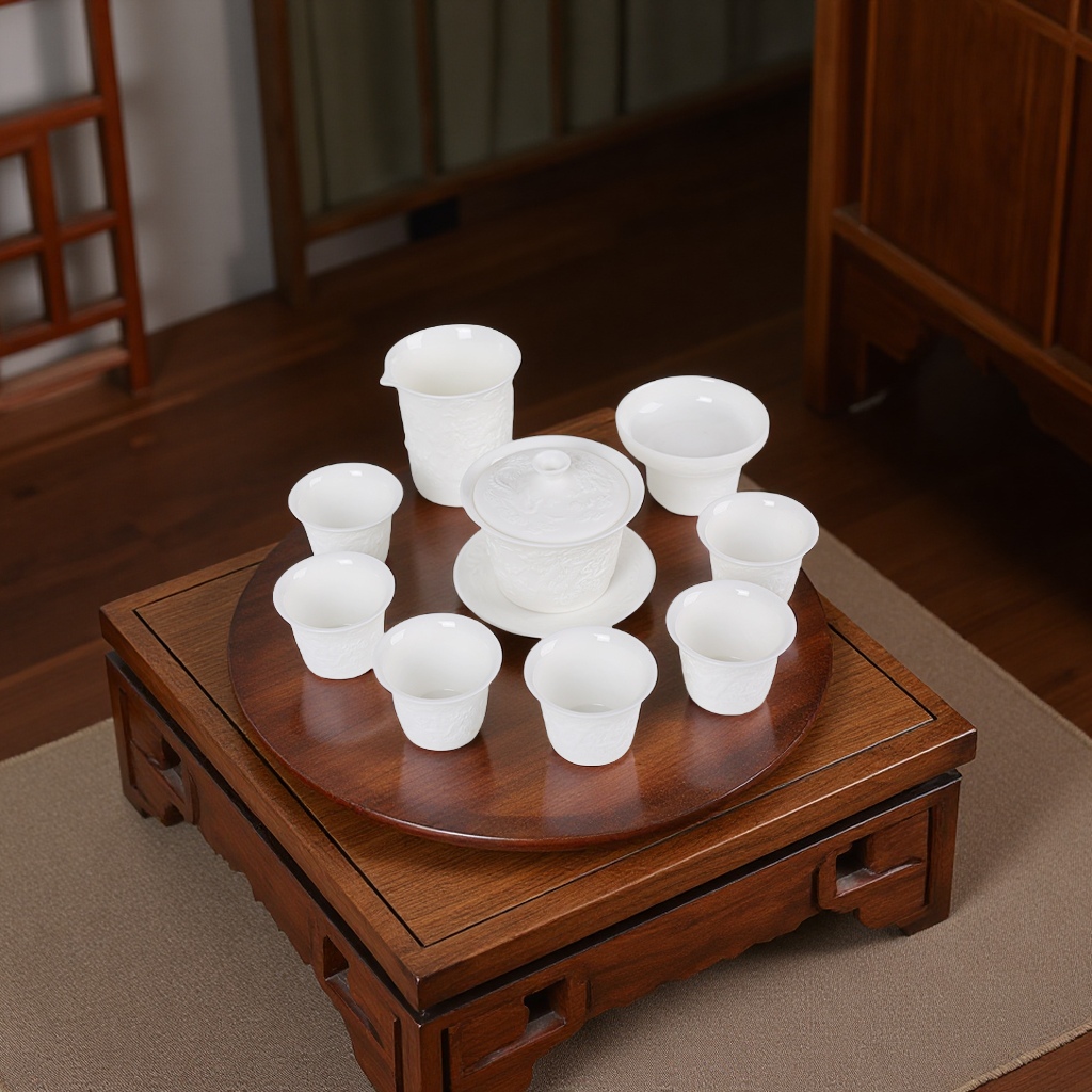A simple gift box of six cups of relief unglazed mutton fat jade porcelain Gongfu tea sets for office and household use Item Picture