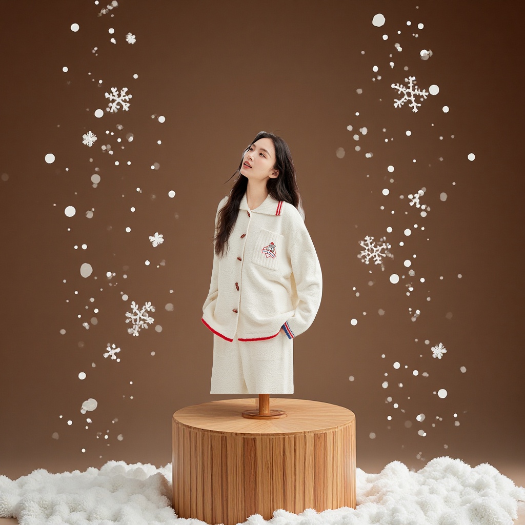 加厚秋冬女款半边绒睡衣翻领撞色滚边居家服保暖舒适女装女式皮衣时尚休闲