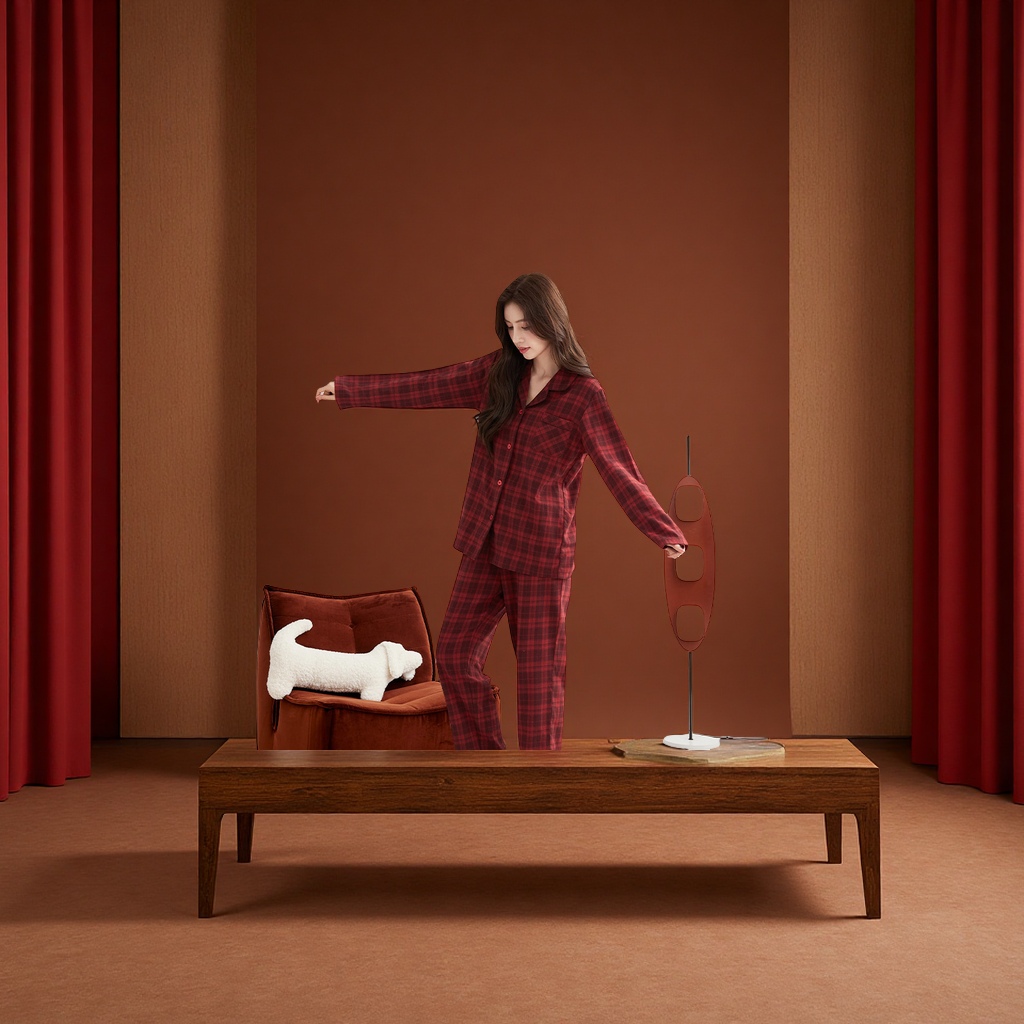 全棉梭织磨毛秋季红格子长袖翻领女士家居服套装睡衣睡袍浴袍舒适保暖