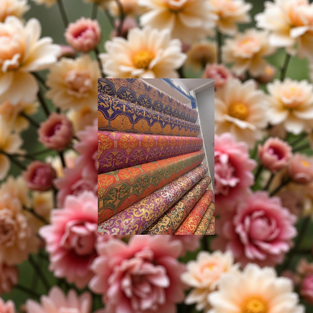 Imitation Shu brocade fabric, widened Shu brocade and Shu embroidery, four seasons flower pattern restoration, brocade satin, Hanfu ancient costume gold-plated fabric Application Scenario