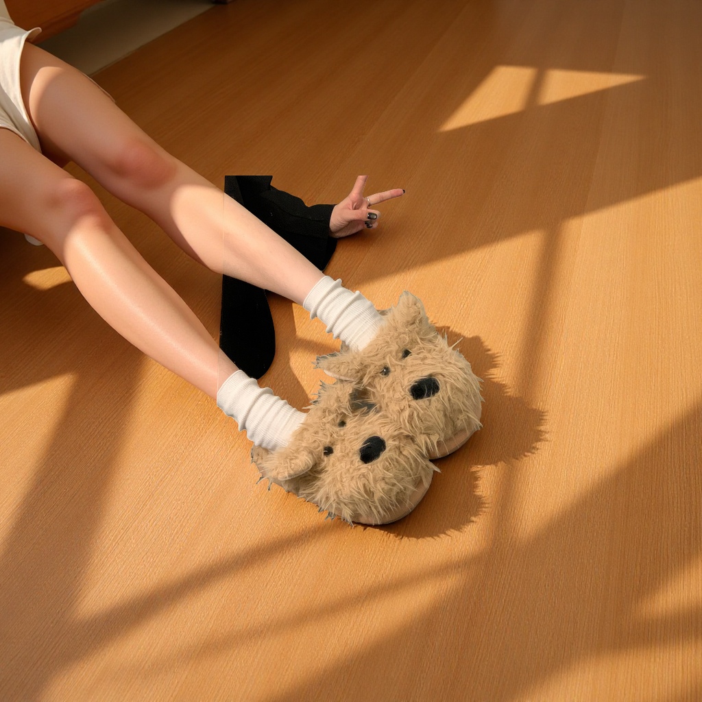 Versatile, casual, furry little dog slippers for women, thick-soled, height-increasing, warm, headpiece home shoes for women in autumn and winter details Picture