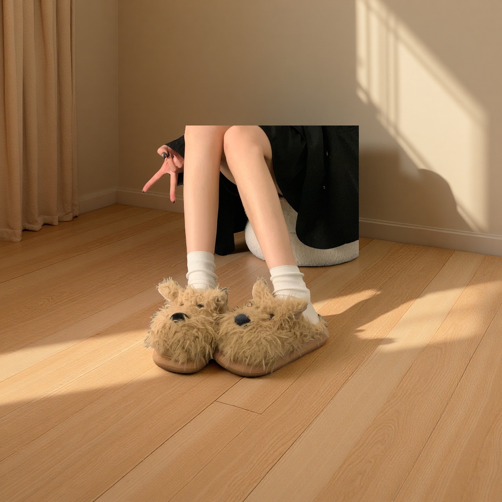 Versatile, casual, furry little dog slippers for women, thick-soled, height-increasing, warm, headpiece home shoes for women in autumn and winter Application Scenario