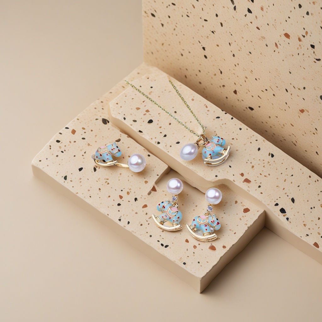 Three-piece Wooden Horse set of natural pearl earrings details Picture