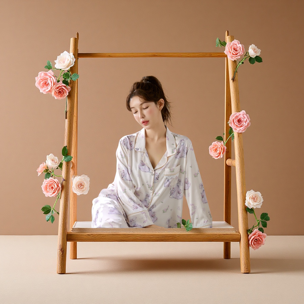 女士春夏季可爱长袖仿真丝冰丝大码家居服套装 内衣睡衣睡袍浴袍外穿舒适透气