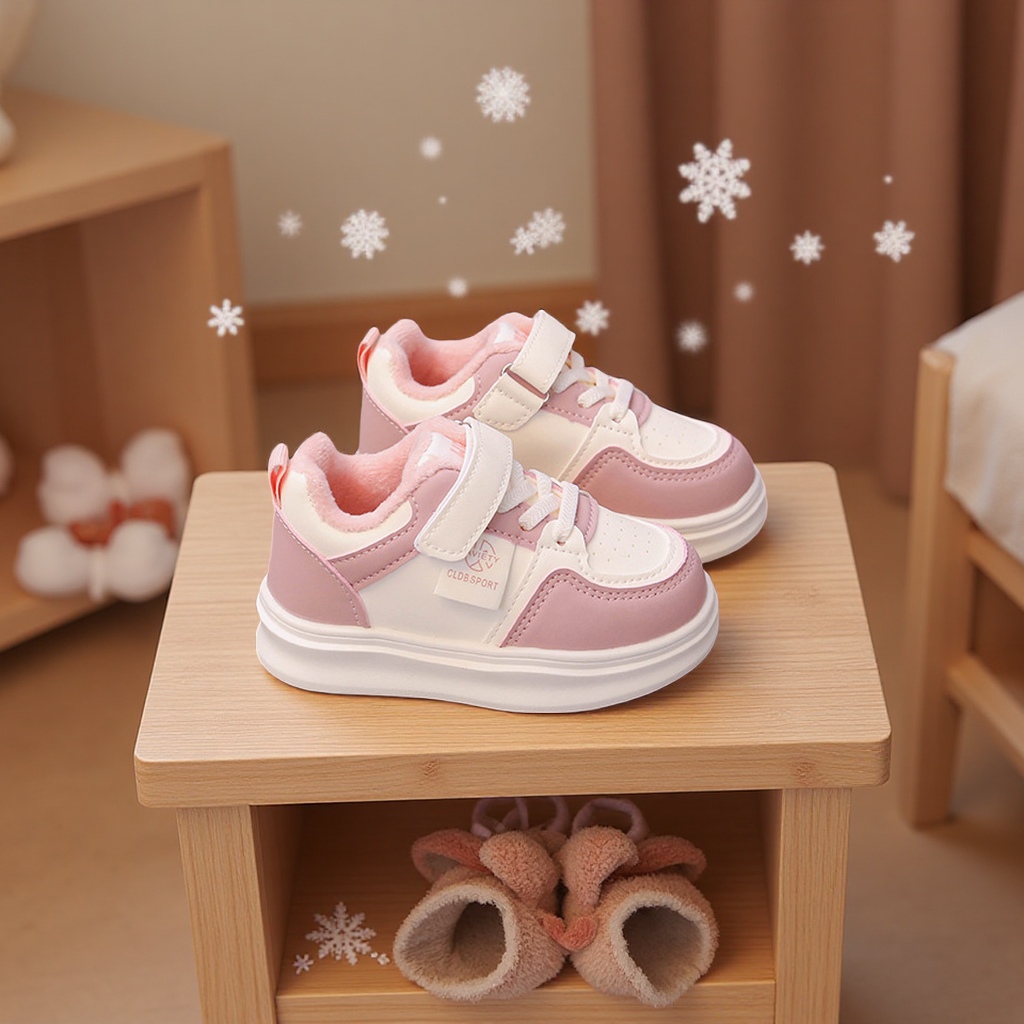 Children's autumn and winter double cotton shoes 2025 New style soft soled fleece sports shoes for boys and girls, children's shoes, baby white shoes Specification image