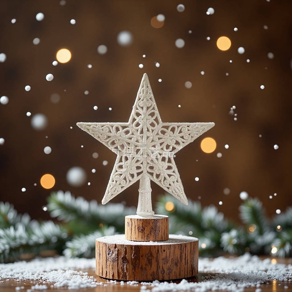 Christmas tree with hollowed-out glitter five-pointed star top decoration, Christmas scene arrangement, handicrafts, gifts, decorative items details Picture