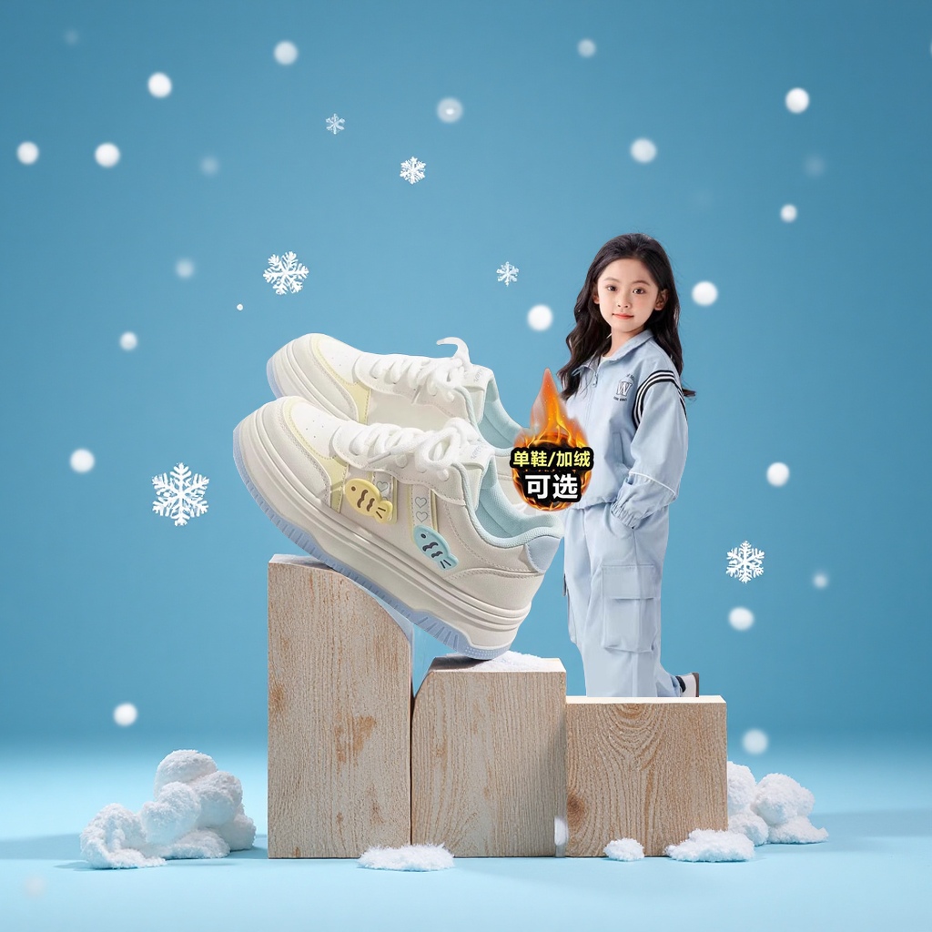 女童运动鞋加绒加厚学生棉鞋童鞋白板鞋女孩儿童休闲鞋运动鞋子