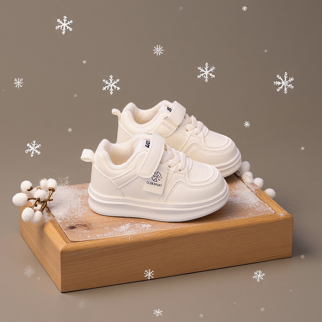 Children's autumn and winter double cotton shoes 2025 new style boys' soft-soled fleece sports shoes Girls' Korean-style baby white shoes Sports outdoor basketball shoes details Picture