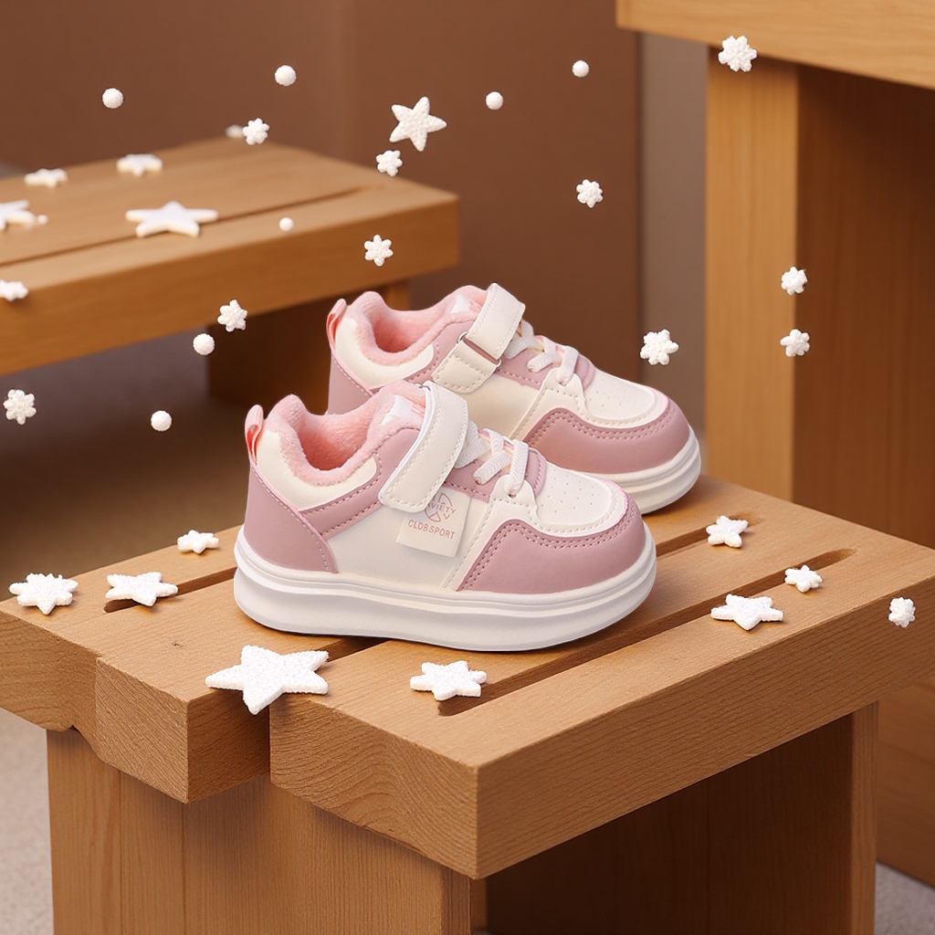 Children's autumn and winter double cotton shoes 2025 new style boys' soft-soled fleece sports shoes Girls' Korean-style baby white shoes Sports outdoor basketball shoes Specification image