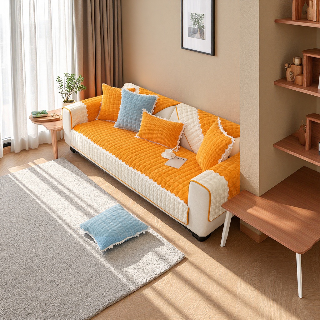 Corduroy sofa cushions, winter thickened plush anti-slip full set, warm plush three-seater backrest cover, home living room furniture details Picture