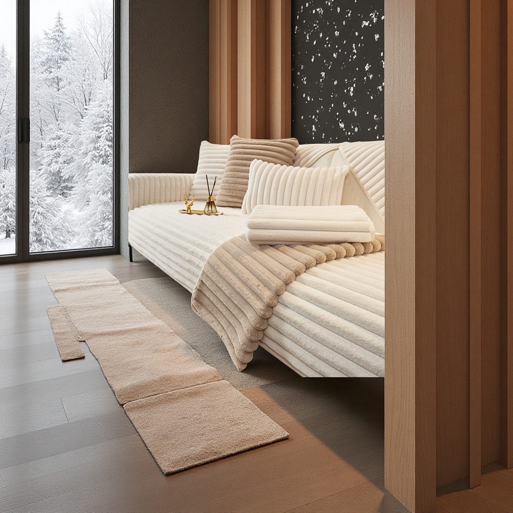 Striped plush sofa cushion 2024 new winter thickened full cover cushion cover multi-piece home textile cross-border set