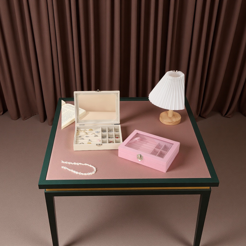 New high-end velvet glass transparent flip cover jewelry storage box, jewelry ring necklace display box, accessory packaging storage box