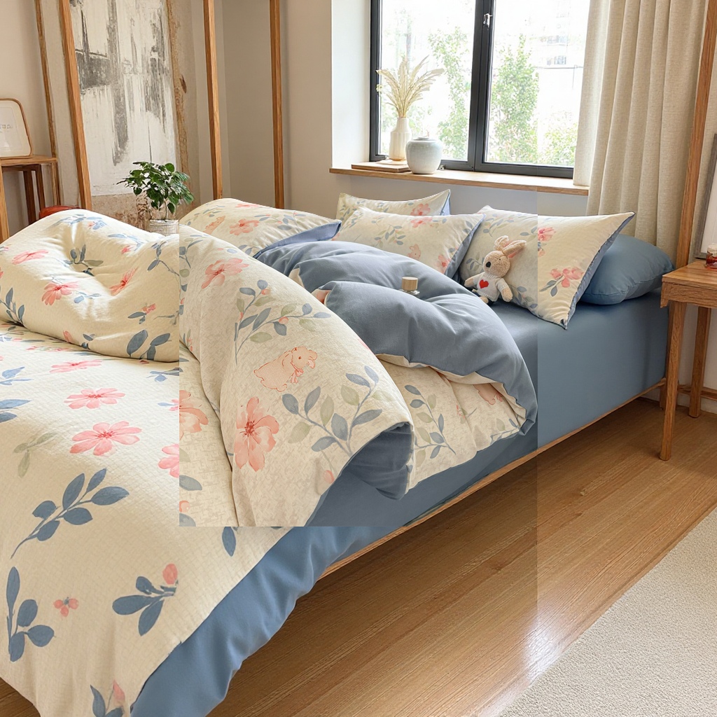 南通家纺加厚磨毛四件套秋冬印花被套床单床笠款小清新床上用品