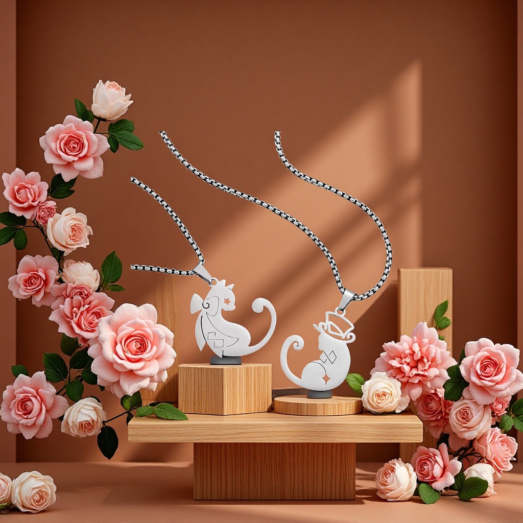 Cat couple pendant set, fashionable couple necklace, cute and fun couple gift accessory full figure