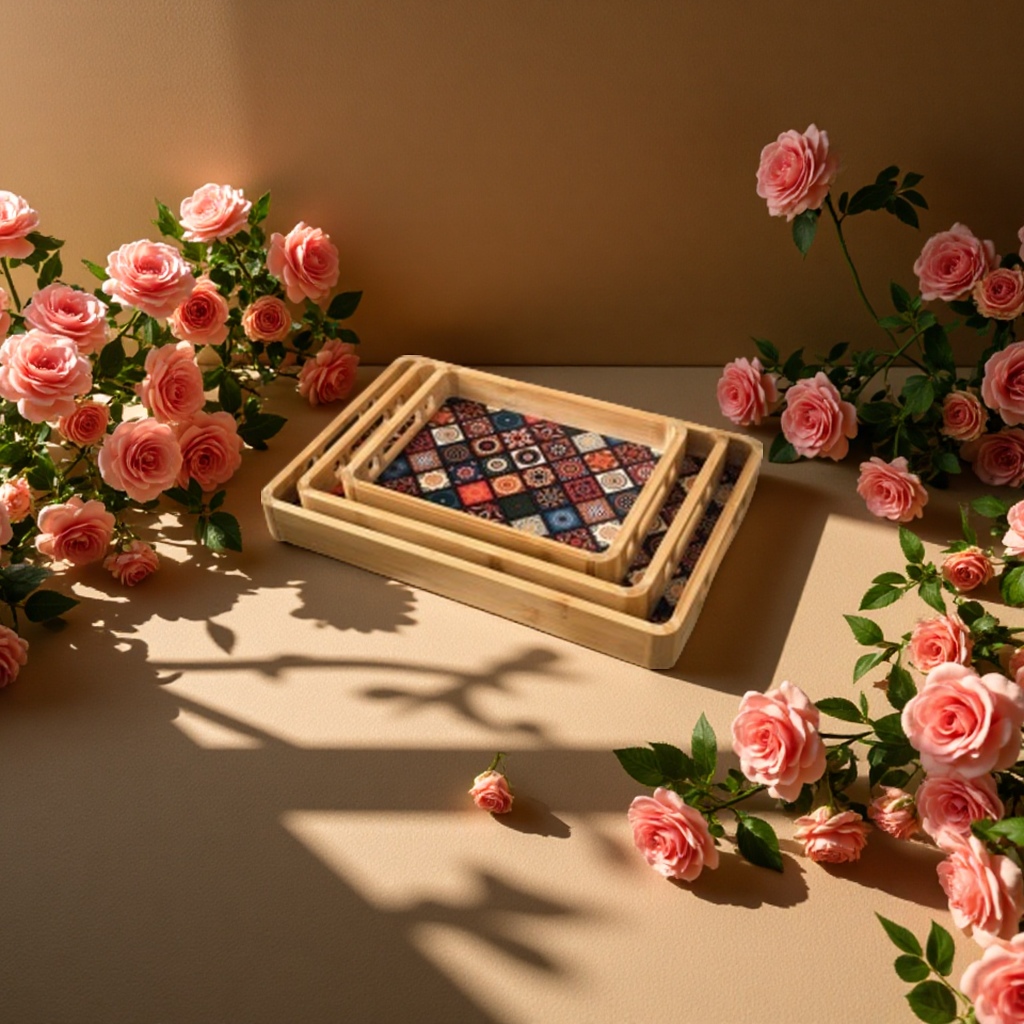 波西风窗格提手圆弧角竹托盘多功能家居装饰收纳盘简约创意摆件