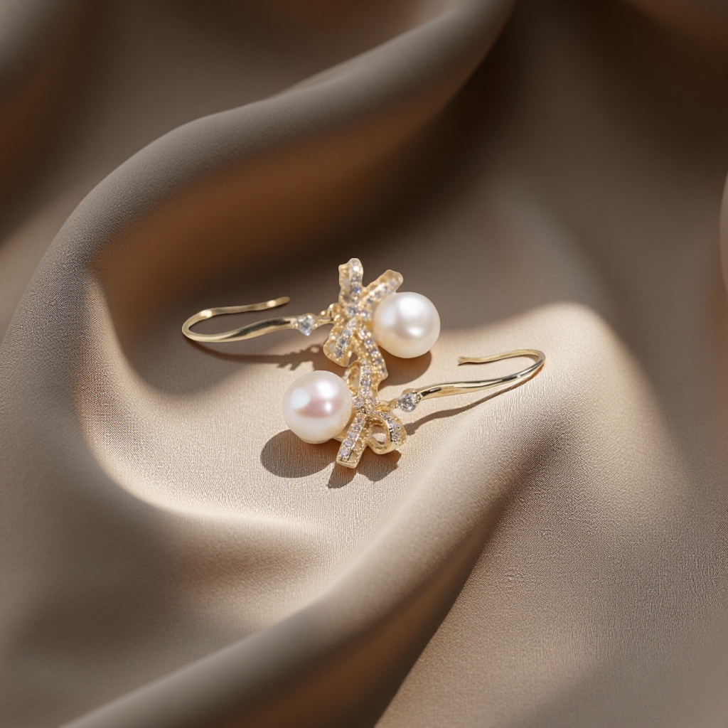 Exquisitely crafted copper-plated real gold S925 freshwater pearl ear hooks, elegant and versatile earrings, a new fashionable women's style Specification drawing