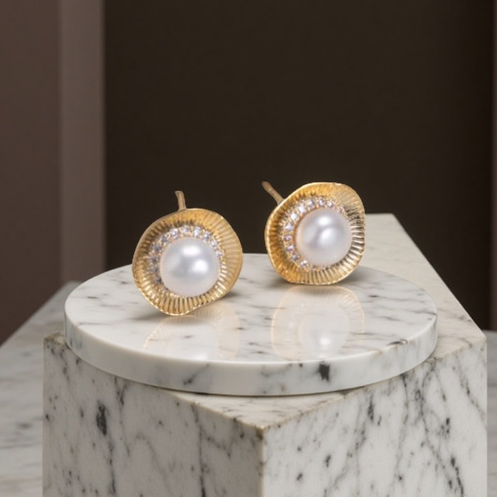 New copper-plated real gold S925 silver needle French retro vertical texture freshwater pearl stud earrings, light luxury high-end earrings for women full figure