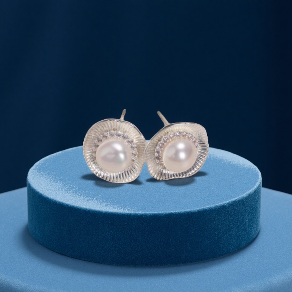 New copper-plated real gold S925 silver needle French retro vertical texture freshwater pearl stud earrings, light luxury high-end earrings for women details Picture