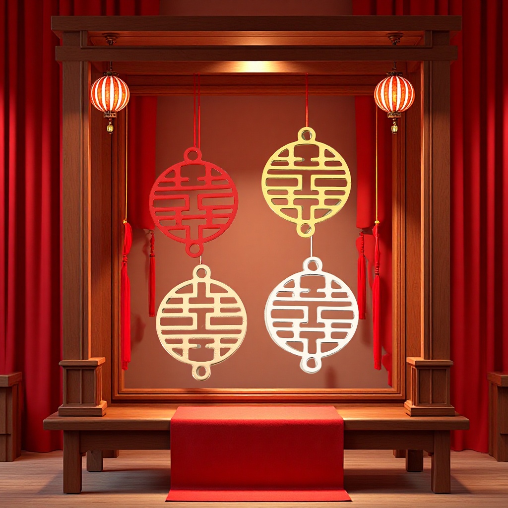 中国风双吊喜字挂件铁新娘头饰材料diy婚庆团扇吊坠配件批发工艺品礼品工艺摆件装饰挂牌