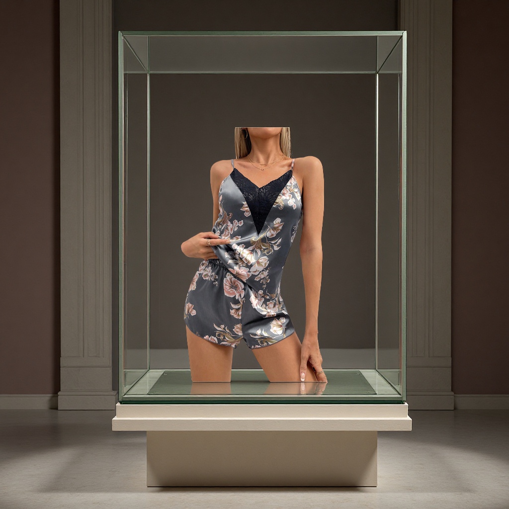 Wholesale of European and American style ice silk pajamas and home wear, sexy lace patchwork halter dresses, women's home fabric handicrafts Specification image