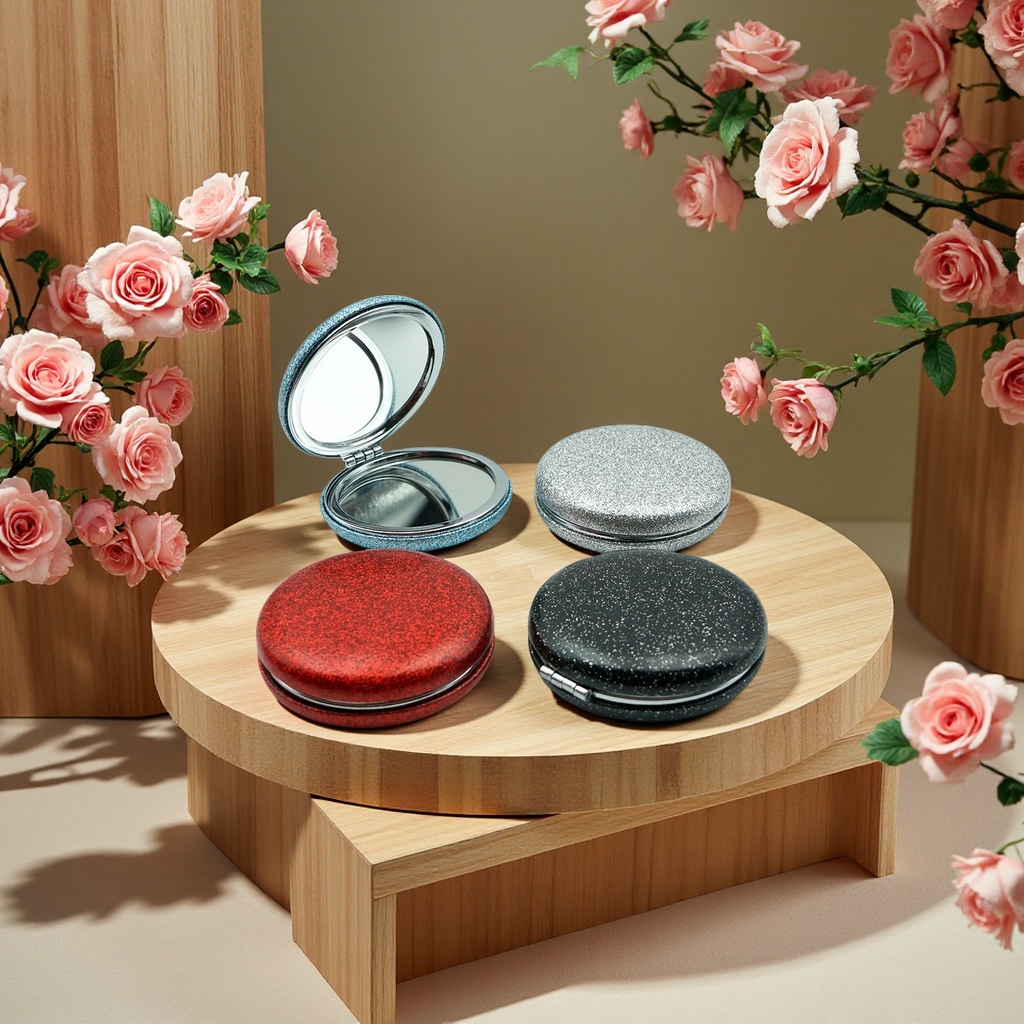 可折叠便携圆形亮面化妆镜闪粉补妆小镜子便携便捷美妆工具