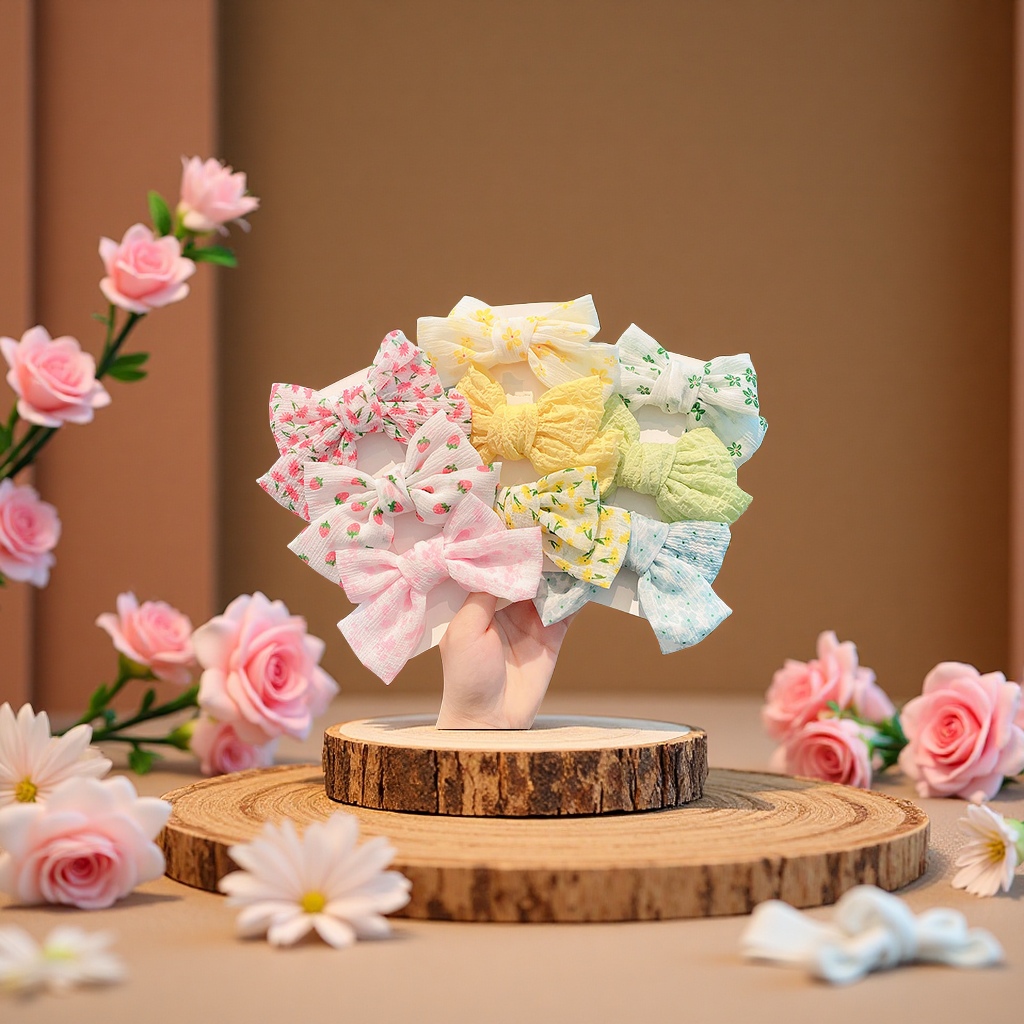 The children's bow hair clip is sweet and cute. It is a hair accessory on the back of the girl's head with a floral headpiece on the side details Picture