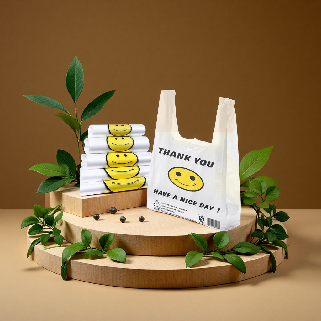 笑脸一次性购物袋超市外卖打包手提背心式塑料包装袋现货方便袋子