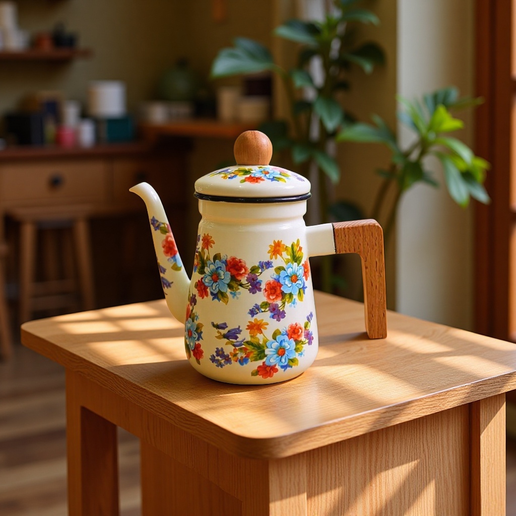 2025 New model of enameled gold edge enamel water kettle, 1.2L household coffee pot, export daily necessities, tea sets, flower and grass tea sets